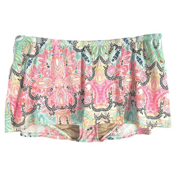Swim by Cacique Plus Size 14 Bikini Bottom Swimsuit Skirt Paisley Green Pink 819 - Picture 1 of 9